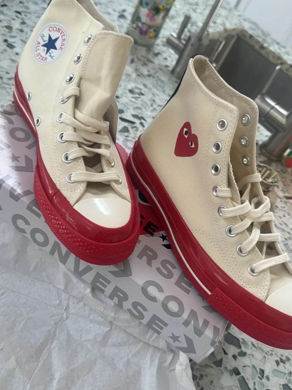 Converse Beige Comme des Garçon High-Top Sneakers with Red Heart and Red Sole